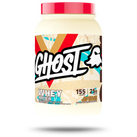GHOST WHEY protein powder container with GHOST branding and label, featuring a sleek black and white design.
