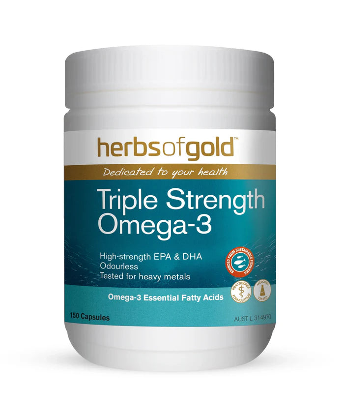 Herbs of Gold Triple Strength Omega-3 supplement bottle with capsules, featuring label details and branding.