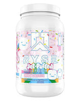 RYSE Loaded Protein supplement container with black and white label, featuring RYSE UP branding and product details.