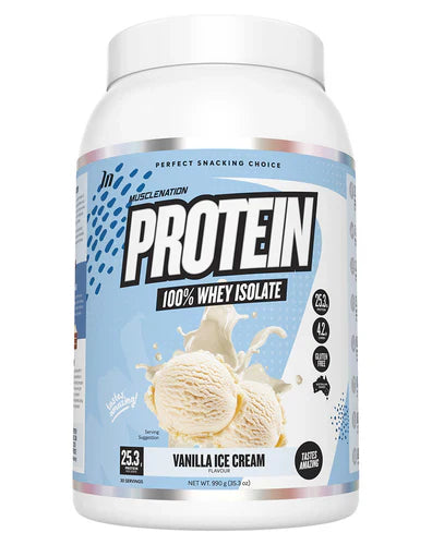 Muscle Nation Protein powder container with black and white label, featuring muscle imagery and brand logo on the front.