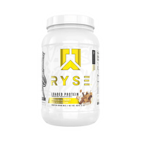 RYSE Loaded Protein container with black label and white text, featuring a scoop of protein powder and nutritional information.