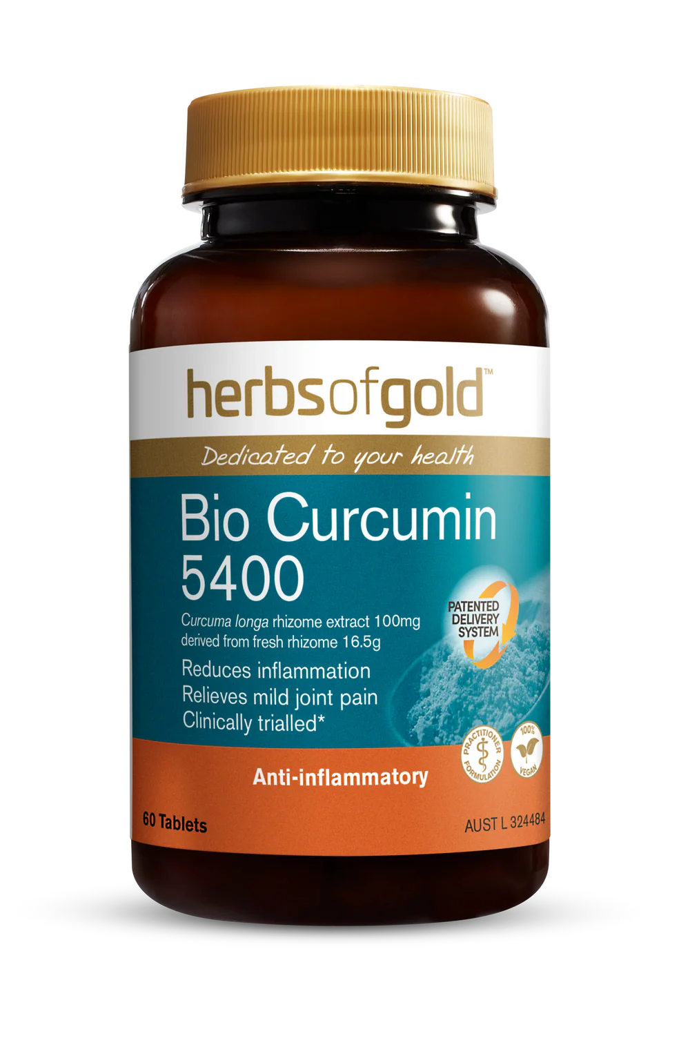 Herbs of Gold Bio Curcumin 5400 supplement bottle with label, featuring turmeric root image and product details.