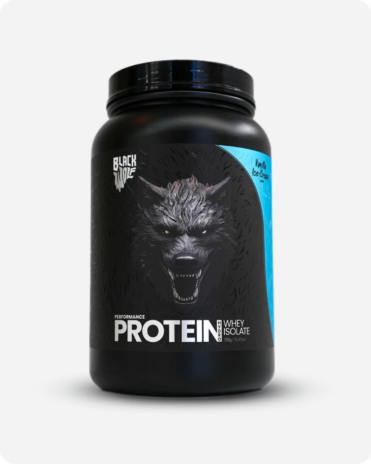Black Wolf Performance Protein powder container from Black Wolf Nutrition with black and silver packaging and product label.