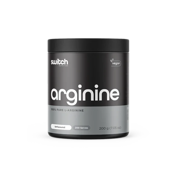 Switch Nutrition Arginine supplement bottle with label, featuring orange and black design, on a white background.