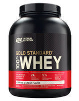 Optimum Nutrition 100% Gold Standard Whey protein container with label and scoop, showcasing the supplement product.