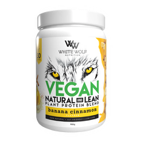 WhiteWolf Nutrition White Wolf Vegan Protein Blend in a clear scoop with powder, showcasing the plant-based supplement.