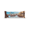 Macro Mike Indulgence Bar, a close-up of the chocolate-coated protein bar with caramel and nuts on top, showing its rich texture.