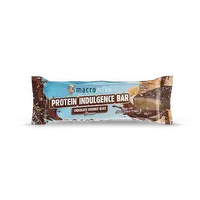 Macro Mike Indulgence Bar, a close-up of the chocolate-coated protein bar with caramel and nuts on top, showing its rich texture.
