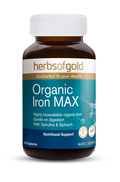 Herbs of Gold Organic Iron Max bottle with label, showing herbal supplement for iron support and organic certification.
