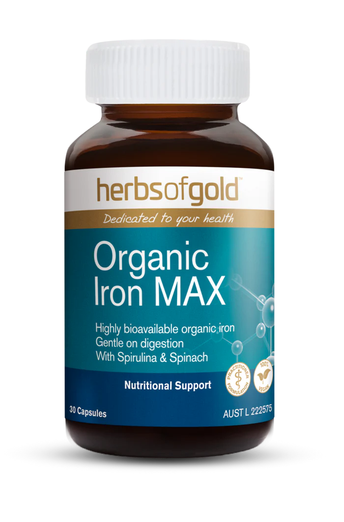 Herbs of Gold Organic Iron Max bottle with label, showing herbal supplement for iron support and organic certification.