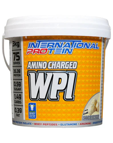 International Protein Amino Charged WPI supplement jar with label, showing protein powder inside for muscle recovery and amino acids.