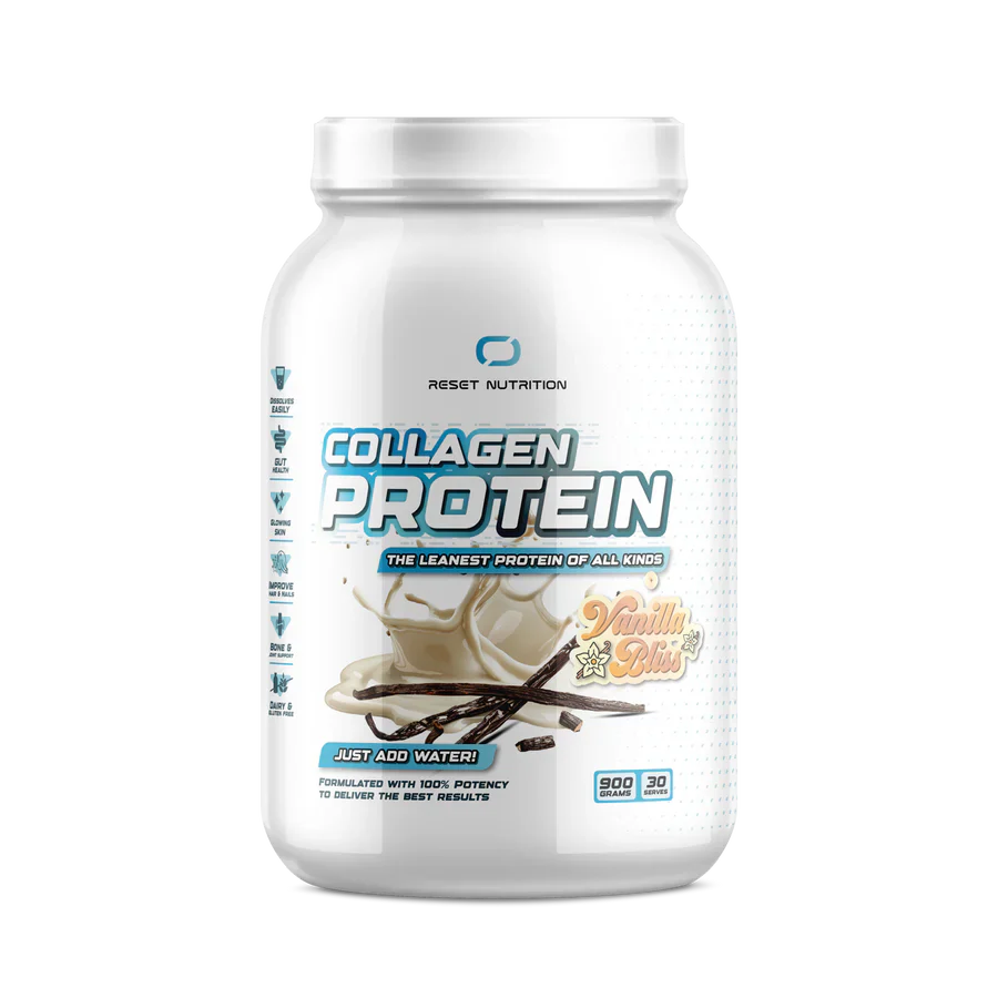 Reset Nutrition Collagen Protein powder container with label and scoop, showing the product's packaging and branding.