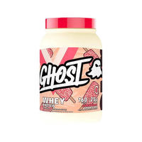 GHOST WHEY protein powder container with label showing GHOST brand and product details, placed on a neutral background.