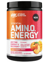 Optimum Nutrition Amin.O. Energy supplement in a container with colorful label and scoop, designed for energy and amino acids.
