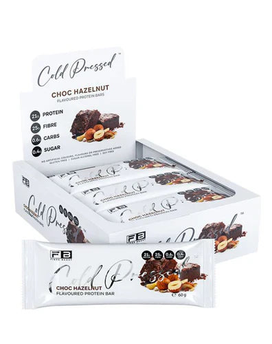 Fibre Boost Protein Bar in Chocolate Hazelnut flavor, showing a close-up of the individually wrapped bar with chocolate and hazelnuts.
