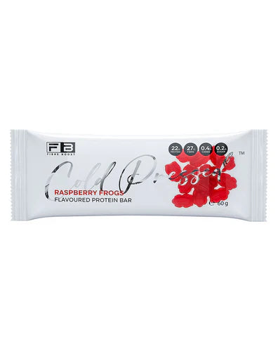 Fibre Boost Protein Bar with raspberry flavor, showing the cold-dressed chocolate coating and fresh raspberry pieces on top.