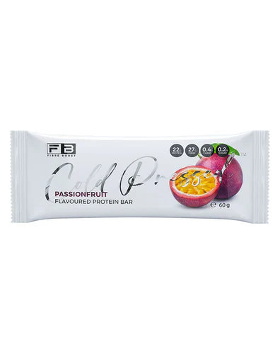 Fibre Boost Protein Bar in passionfruit flavor, cold-dressed with a vibrant passionfruit coating, showcasing the nutritious snack.
