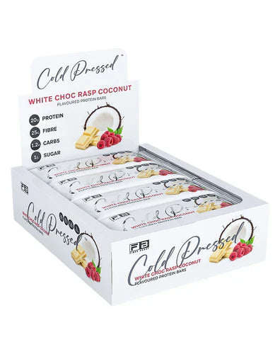 Fibre Boost Protein Bar with white chocolate, raspberry, and coconut in a box, featuring a cold-pressed, textured appearance.