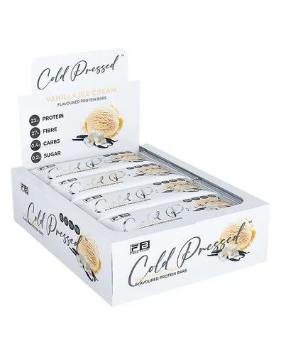 Fibre Boost Protein Bar with Vanilla Ice Cream flavor, cold-pressed, showing the bar in a box with creamy vanilla ice cream flavor design.