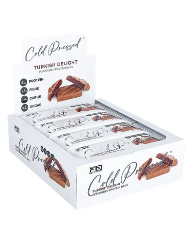 Fibre Boost Protein Bar with Turkish Delight flavor, showcasing the bar's textured surface and colorful packaging on a white background.