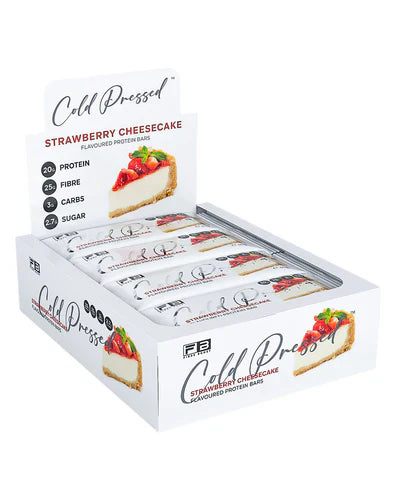 Fibre Boost Protein Bar with strawberry cheesecake flavor, featuring a cold-pressed surface and packaging.