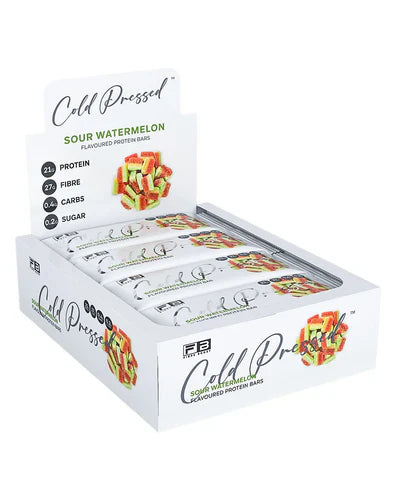 Fibre Boost Fibre Boost Protein Bar in Sour Watermelon flavor, cold-pressed snack with high fiber content, packed in a colorful box.