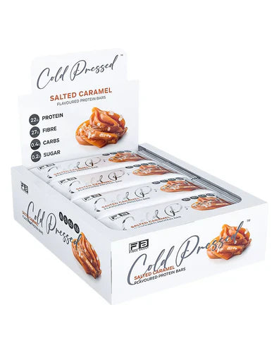 Fibre Boost Protein Bar in Salted Caramel flavor, cold-pressed fibre bar showcasing caramel and nut toppings in a box
