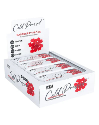 Fibre Boost Protein Bar with raspberry flavor, featuring a cold-pressed, 500g box of Fibre Boost Fibre Boost product.