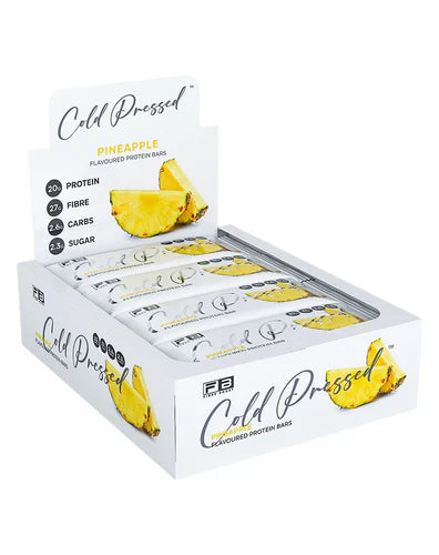 Fibre Boost Protein Bar with pineapple flavor, showcasing a cold-pressed bar in a colorful box, highlighting natural ingredients.