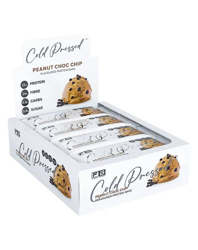 Fibre Boost Protein Bar with peanut and chocolate chips, showing a cold-pressed fiber-rich snack from Fibre Boost brand.