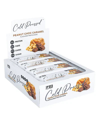 Fibre Boost Protein Bar with peanut, chocolate, and caramel flavor, showing the cold-pressed bar inside a box.