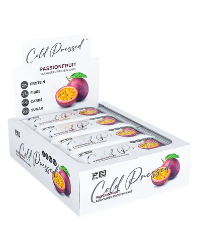 Fibre Boost Protein Bar in Passionfruit flavor, cold-pressed with visible passionfruit pieces and packaging, healthy snack option