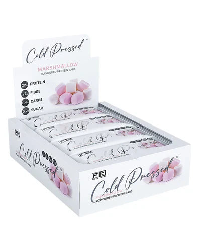Fibre Boost Protein Bar with marshmallow flavor, cold-pressed and packaged in a box, showcasing the bar's texture and branding.