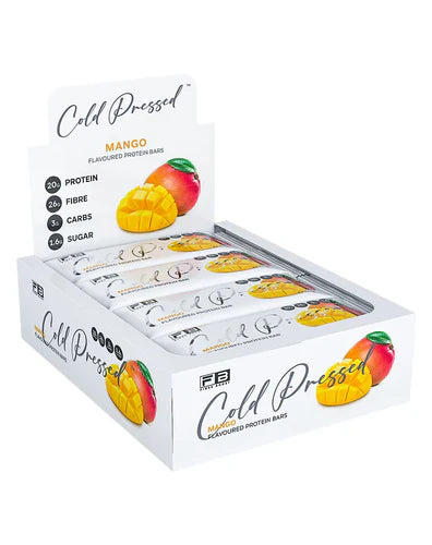 Fibre Boost Protein Bar with Mango flavor, showing the cold-pressed bar wrapped in packaging with mango imagery and branding.