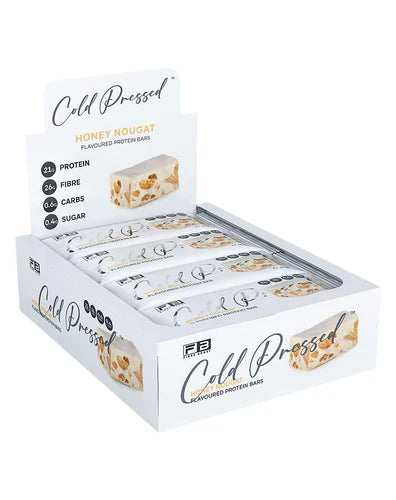 Fibre Boost Fibre Boost Protein Bar with honey and nougat flavor, showing a cold-pressed bar in a box on a white background.