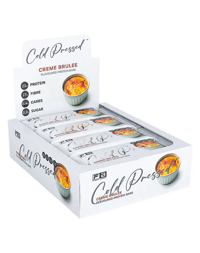 Fibre Boost Protein Bar in Creme Brulee flavor, cold-pressed, with a creamy texture and packaging visible in the image.