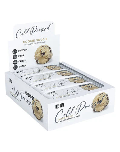 Fibre Boost Protein Bar with cookie dough flavor, showing the cold-pressed bar in a box, highlighting healthy snack options.