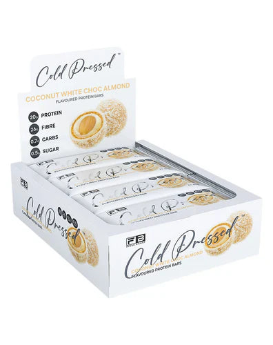 Fibre Boost Protein Bar with coconut, white chocolate, and almonds, showcasing a cold-pressed fibre boost snack.