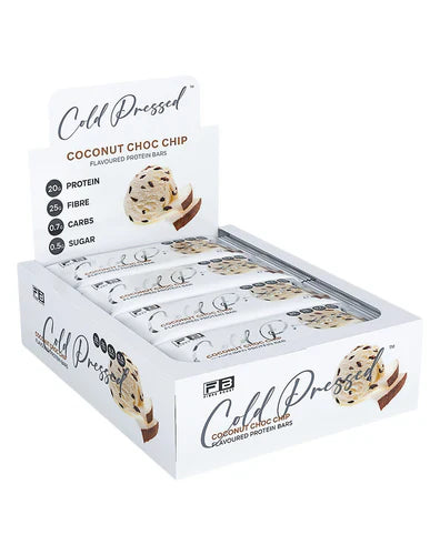 Fibre Boost Protein Bar with coconut and chocolate chips, cold-pressed fiber-rich snack from Fibre Boost brand.
