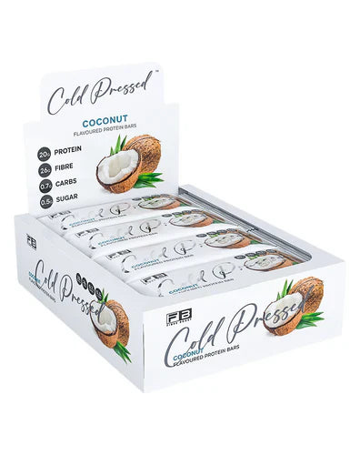 Fibre Boost Protein Bar with coconut flavor, cold-pressed, showing the rectangular bar with coconut flakes on top.