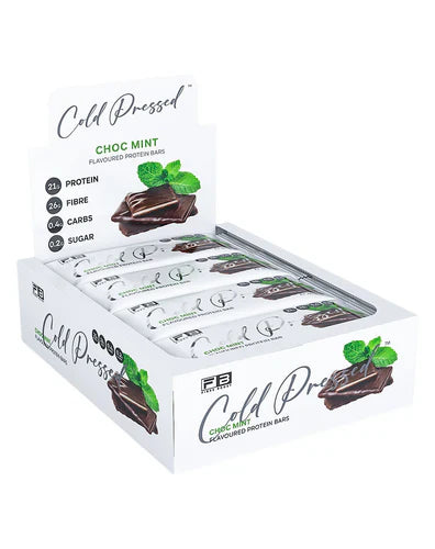 FIBRE BOOST Protein Bar with chocolate and mint flavor, cold-pressed, in packaging, showcasing the FIBRE BOOST brand.