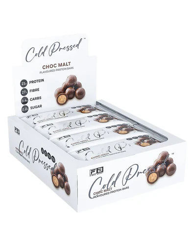 Fibre Boost Protein Bar with chocolate malt flavor, showing the cold-pressed bar in a box, highlighting healthy snack options.
