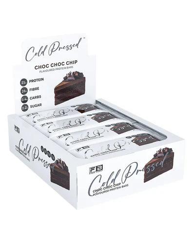 Fibre Boost Protein Bar with chocolate chips, cold-pressed, showcasing its chocolate chip texture and packaging.