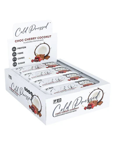Fibre Boost Protein Bar with chocolate, cherry, and coconut flavors, featuring cold-pressed ingredients in a colorful box.