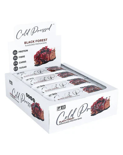 Fibre Boost Protein Bar in Black Forest flavor, cold-pressed, showing the textured chocolate coating and packaging.