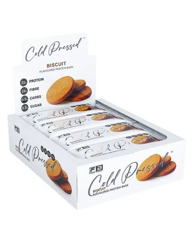 Fibre Boost Fibre Boost Protein Bar in biscuit flavor, showing the cold-pressed bar with packaging and biscuit texture.