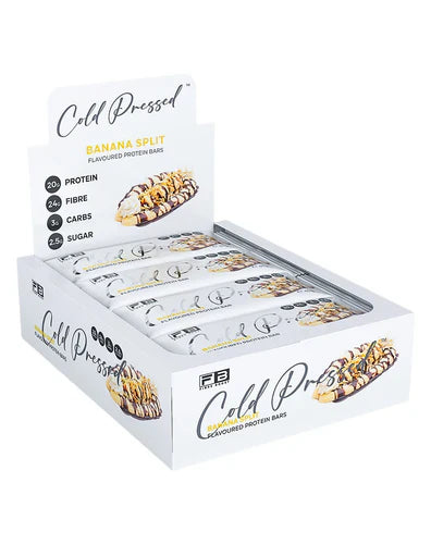 Fibre Boost Protein Bar with banana split flavor, cold-pressed, showing a close-up of the bar with banana pieces and a textured surface.