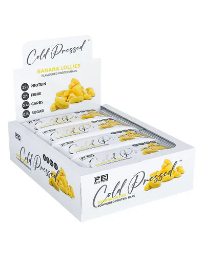 Fibre Boost Protein Bar with banana flavor, cold-pressed, showcasing the bar's texture and banana pieces on the packaging.