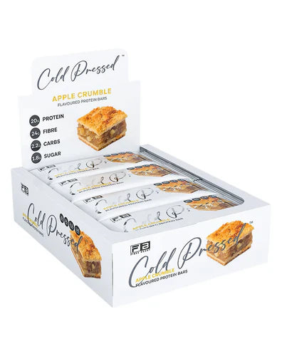 Fibre Boost Protein Bar featuring apple crumble flavor, cold-pressed with fiber-rich ingredients in a rectangular bar shape.
