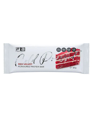 Fibre Boost Protein Bar with red velvet flavor, showing the cold-pressed bar in packaging, highlighting fiber and protein content.